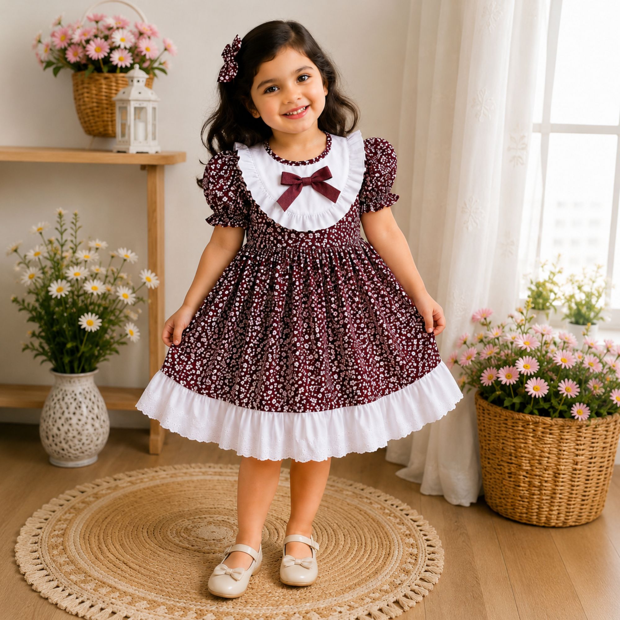 Floral Print Bow Collar Baby Frock 2 to 14 Years