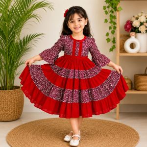 Red Printed Customized Baby Dress 0 to 14 Years