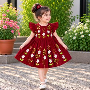 Maroon Handmade Nokshi Cotton Baby Frock Design 2
