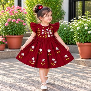 Maroon Handmade Nokshi Cotton Baby Frock with Embroidery