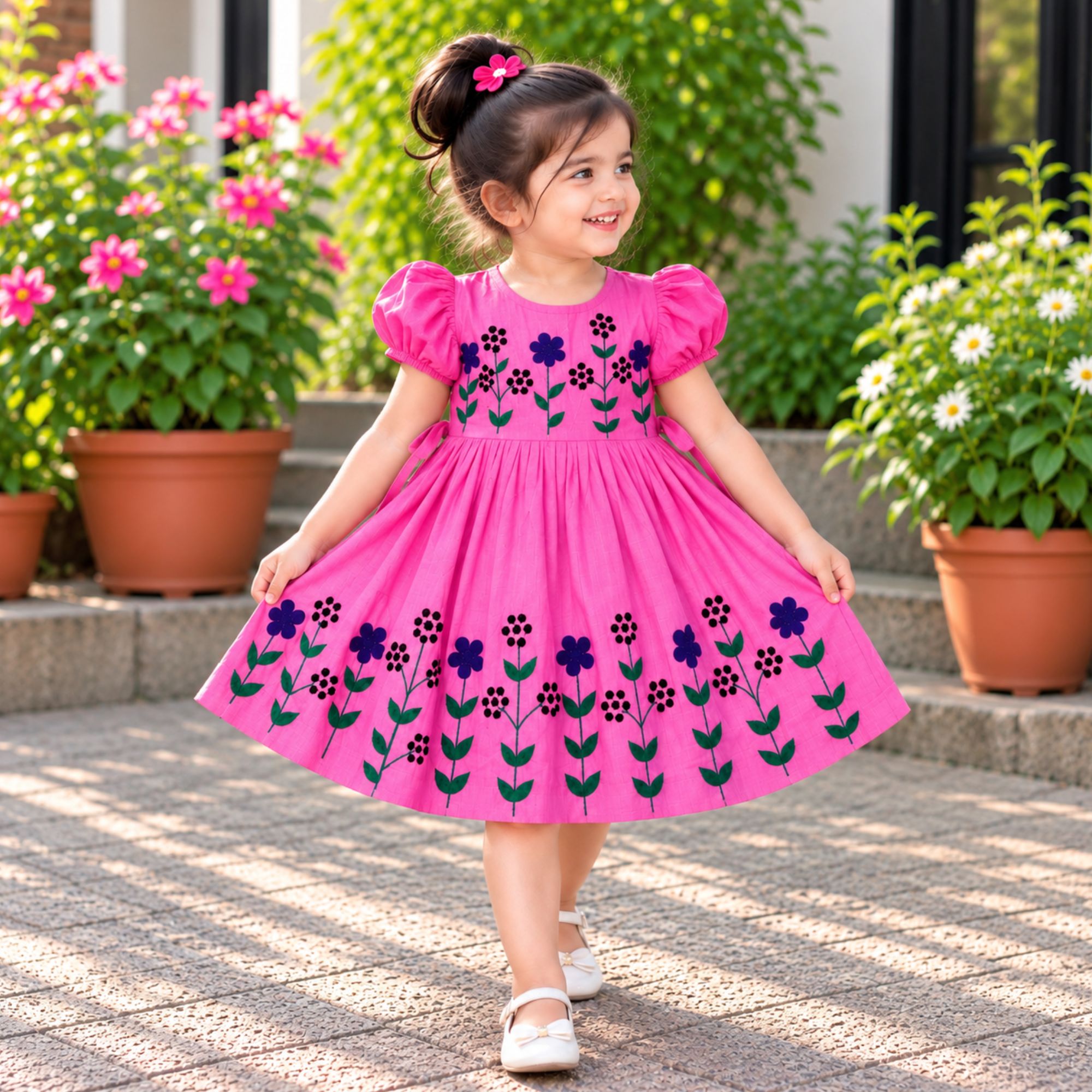 Pink Handmade Nokshi Cotton Baby Frock with Embroidery