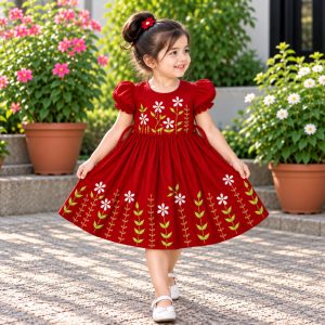 Red Handmade Nokshi Cotton Baby Frock with Embroidery