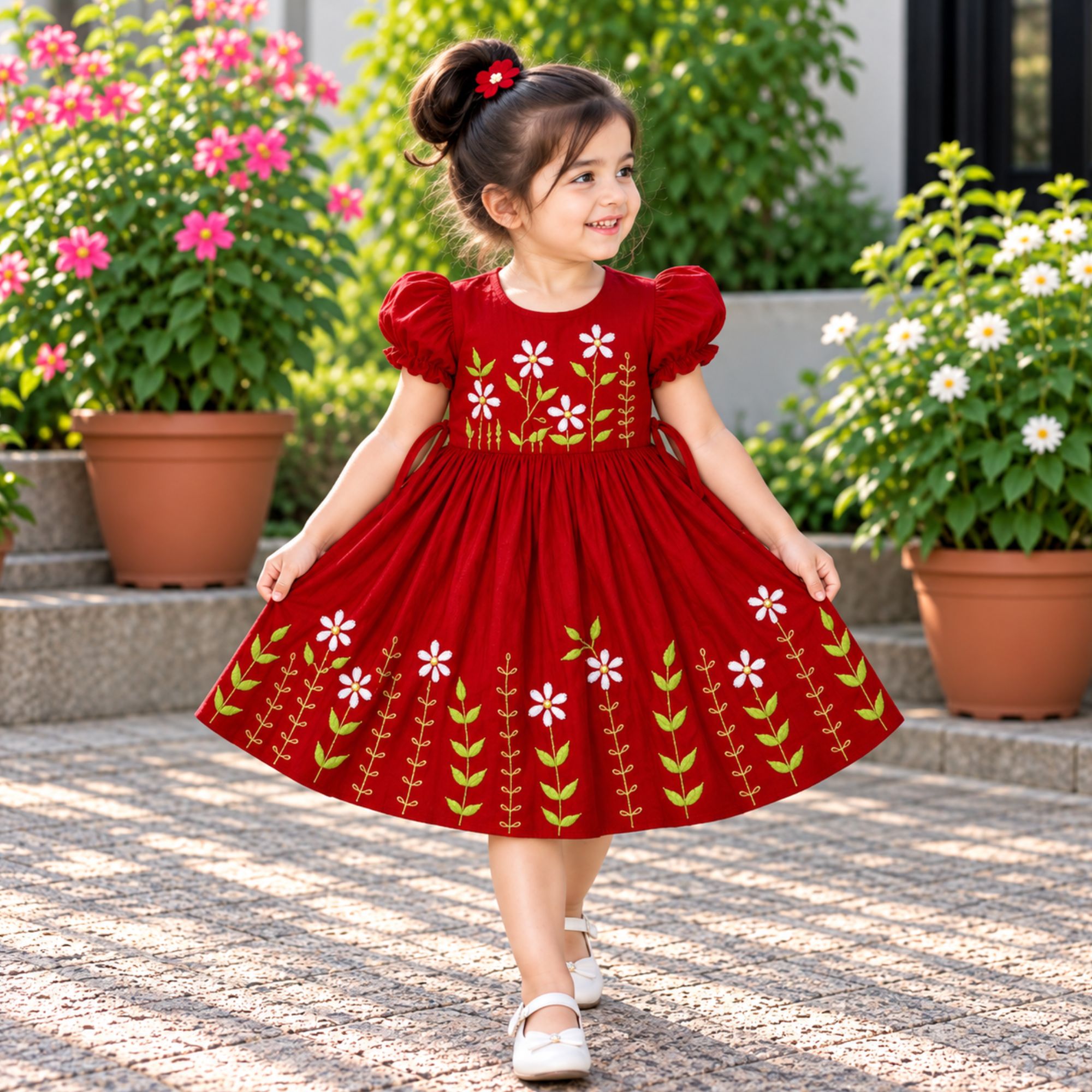 Red Handmade Nokshi Cotton Baby Frock with Embroidery