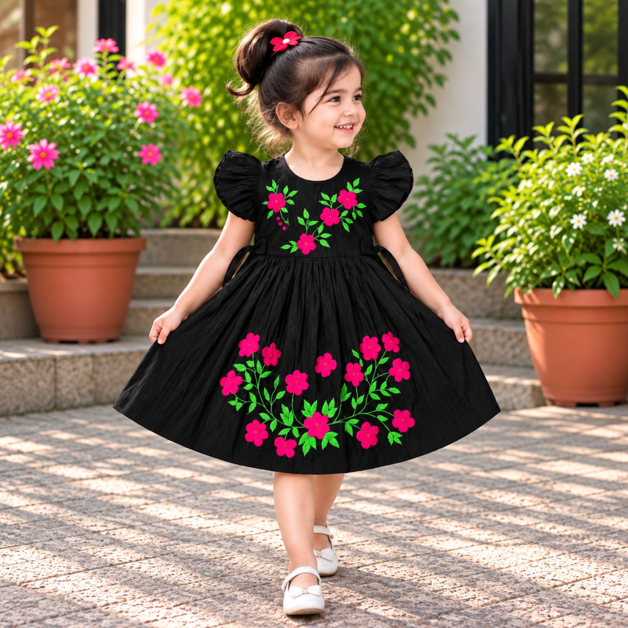 Black Handmade Nokshi Cotton Baby Frock with Colorful Embroidery