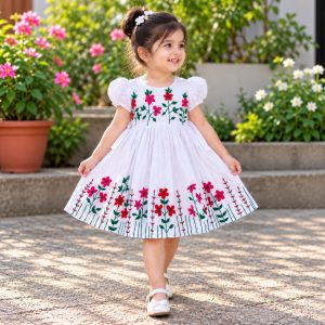 White Handmade Nokshi Cotton Baby Frock with Colorful Embroidery