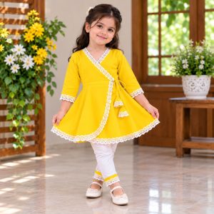 Customized Yellow Angrakha Baby Frock with White Lace and Trouser