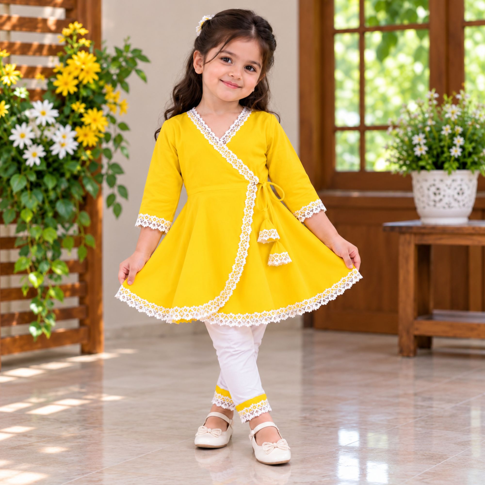 Customized Yellow Angrakha Baby Frock with White Lace and Trouser